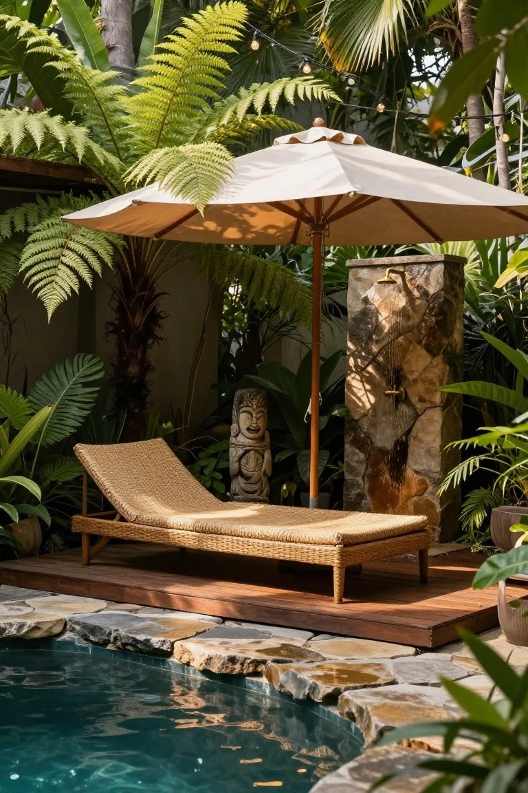 24 Relaxing Outdoor Pool Area Ideas For Unwinding After Long Days Curved turquoise pool edged by a wooden deck with rattan chaise lounge under a beige umbrella, lush green ferns and palms, a tiki statue, and a stone pillar outdoor shower with water flowing.