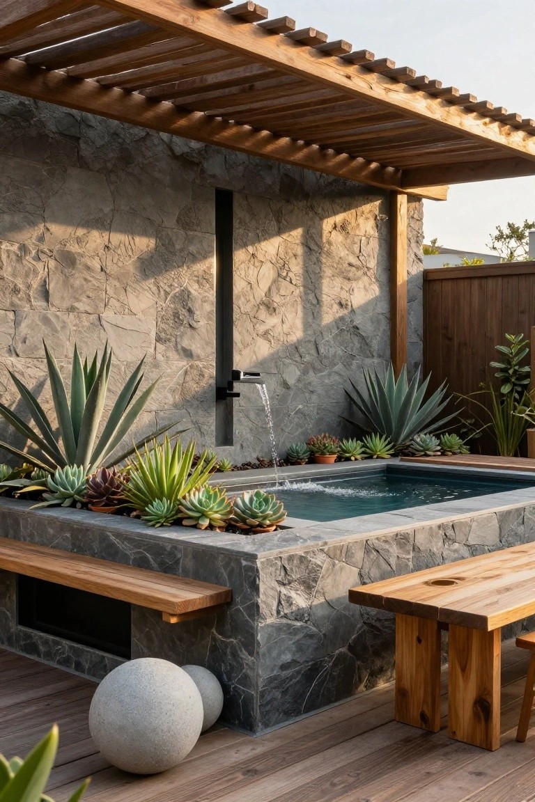 24 Relaxing Outdoor Pool Area Ideas For Unwinding After Long Days Small rectangular plunge pool built into a stone wall with water flowing from a black wall-mounted faucet, surrounded by potted succulents, agave plants, wooden benches, large stone spheres, and a wooden deck under a slatted pergola.