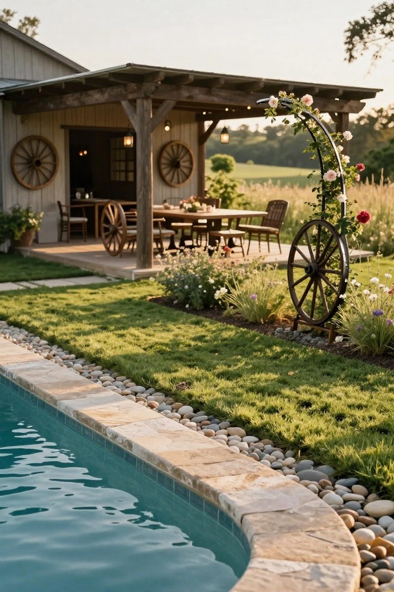 24 Relaxing Outdoor Pool Area Ideas For Unwinding After Long Days Rustic covered porch attached to a gray barn with wagon wheels on walls, outdoor dining table, potted plants, and adjacent turquoise pool edged in stone and pebbles surrounded by green lawn and flowers.