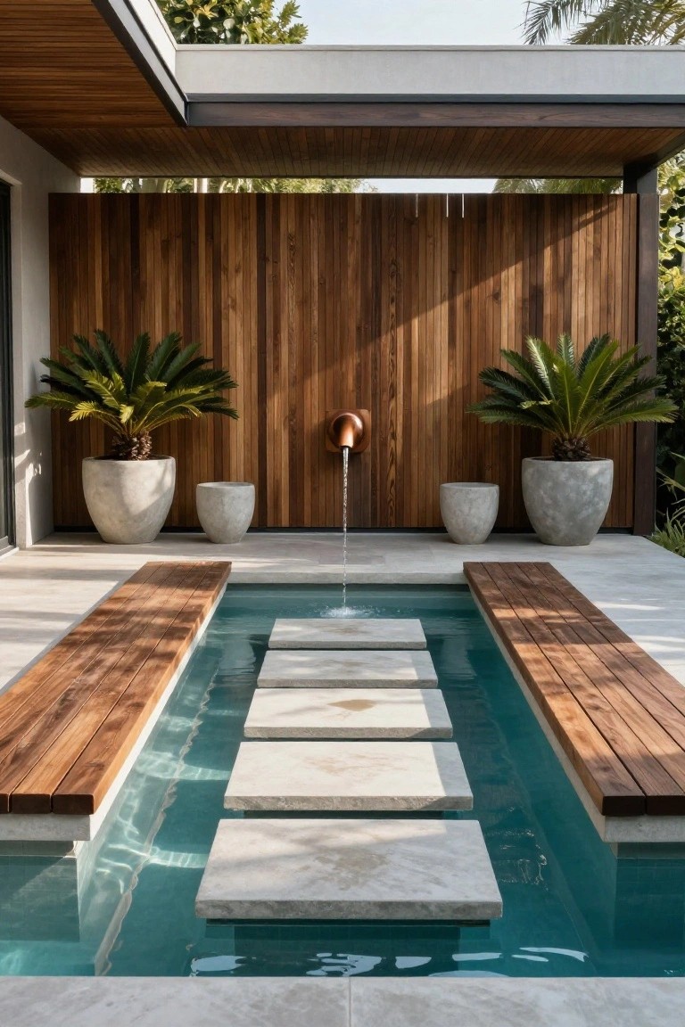 24 Relaxing Outdoor Pool Area Ideas For Unwinding After Long Days A narrow rectangular shallow pool with white stone stepping slabs across the center, flanked by wooden benches, large potted palms on either side, a copper water spout on a vertical wooden wall, and light stone paving around the area.