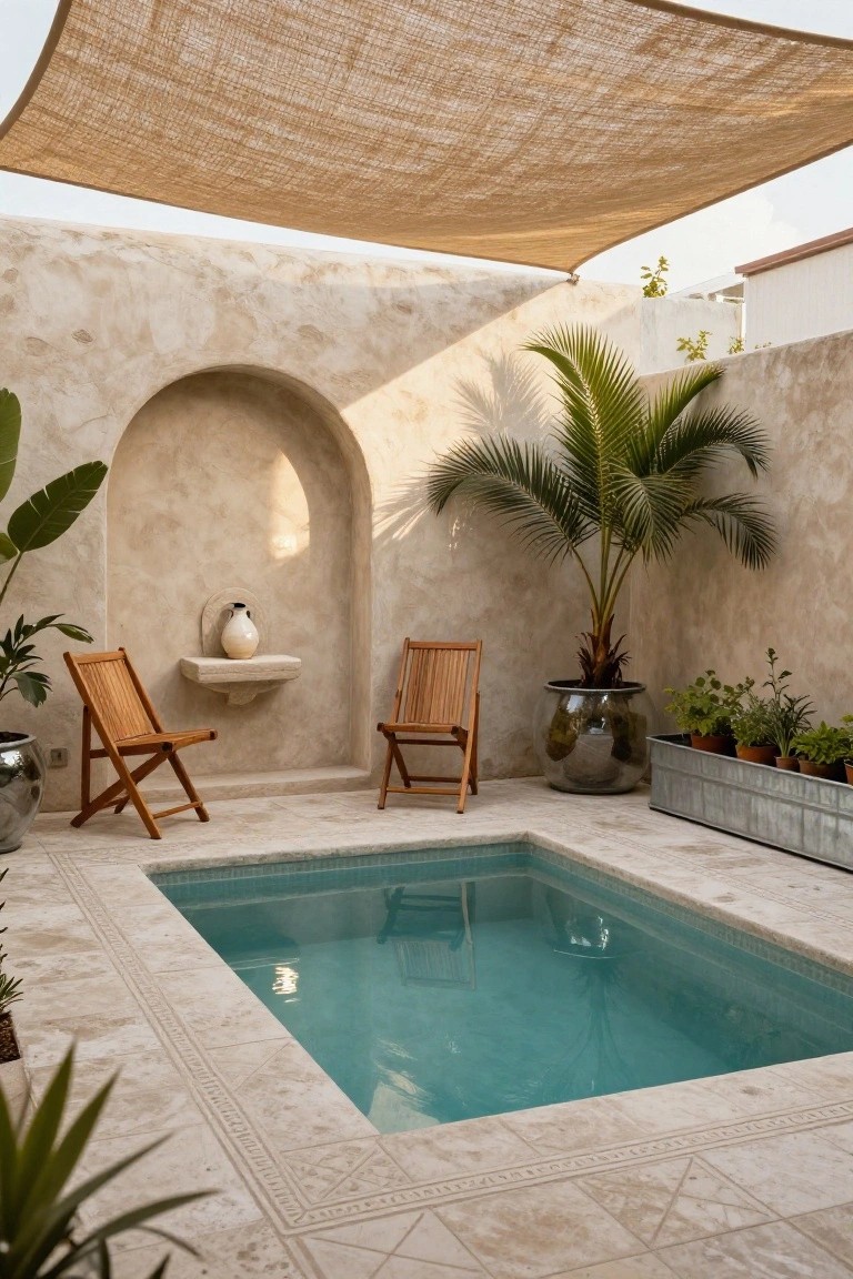 24 Relaxing Outdoor Pool Area Ideas For Unwinding After Long Days Small turquoise rectangular plunge pool in a beige stucco-walled courtyard with wooden folding chairs, potted plants including a palm tree, an arched niche with a vase, and a beige fabric shade sail overhead.