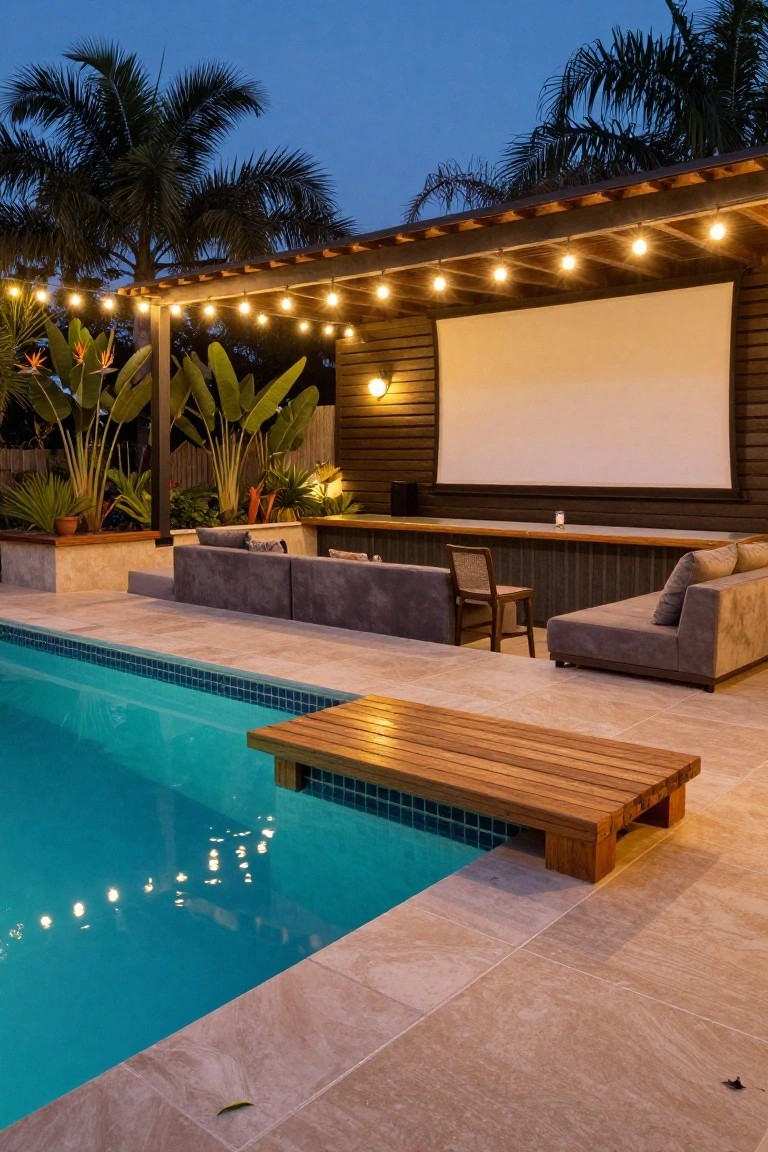 Dusk view of inground pool with turquoise water, wooden bench platform at edge on stone surround, gray lounge seating, bar area, large projector screen, and pergola with string lights amid tropical plants.