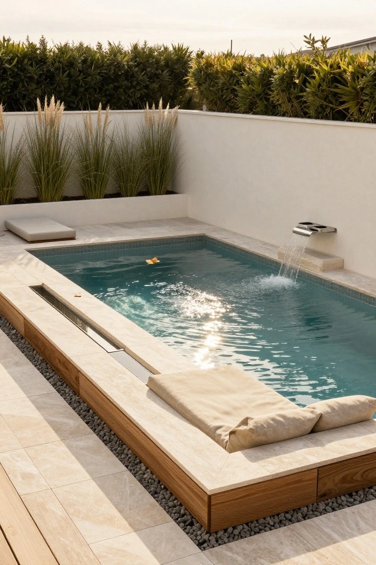 Small rectangular inground pool with turquoise water and a yellow rubber duck, surrounded by beige stone benches with tan cushions on wood-trimmed edges, stainless steel waterfall on white wall, pampas grass planters, hedges, and travertine decking.