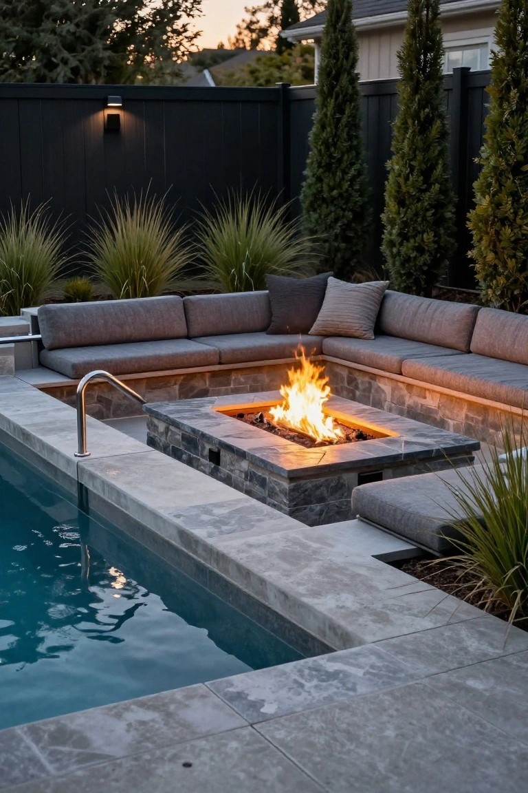 Inground pool deck with a built-in rectangular gas fire pit adjacent to the pool edge, L-shaped gray stone benches with cushions around the fire pit, tall ornamental grasses, and a dark fence in the background at dusk.