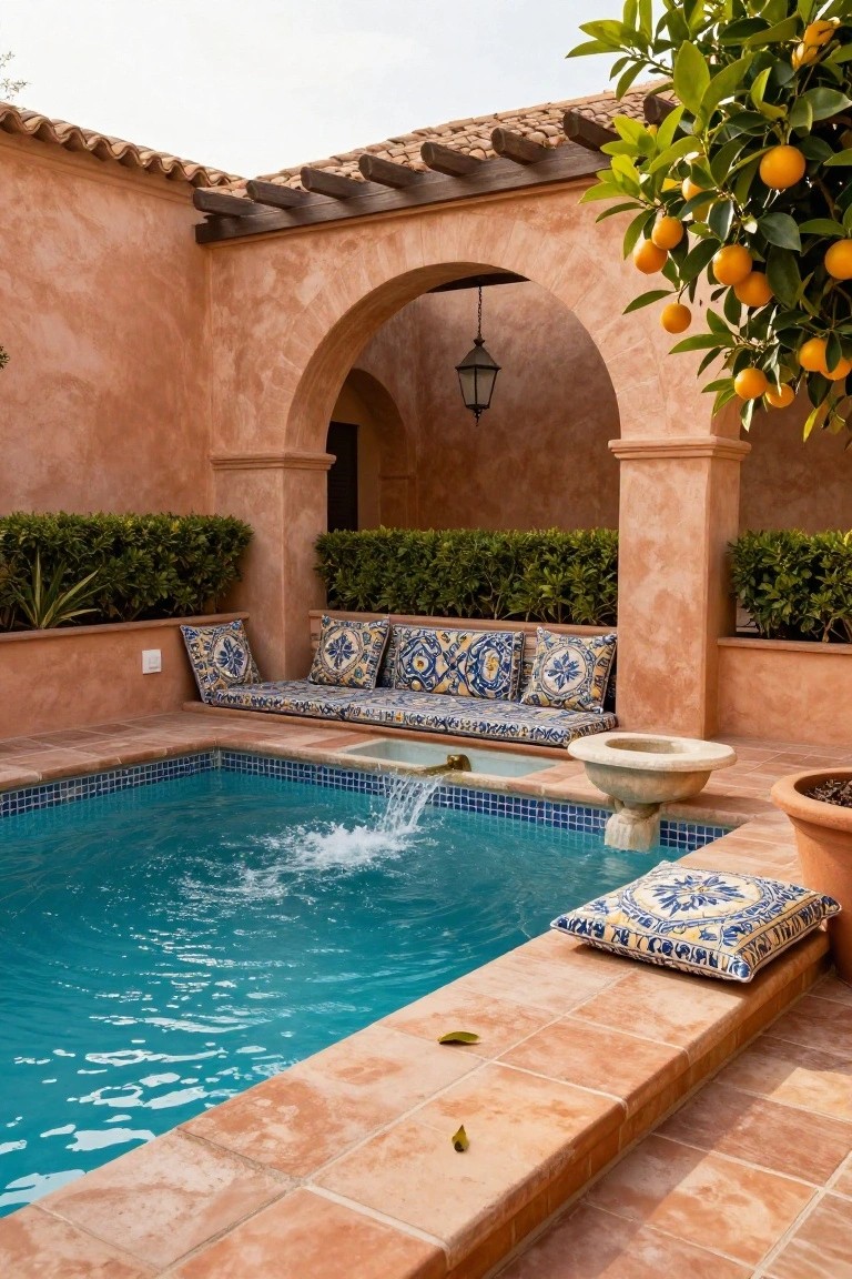 Small turquoise mosaic-tiled inground pool in a terracotta stucco courtyard with arched openings, built-in blue-patterned cushioned benches, boxwood hedges, orange tree, hanging lantern, and stone fountain.