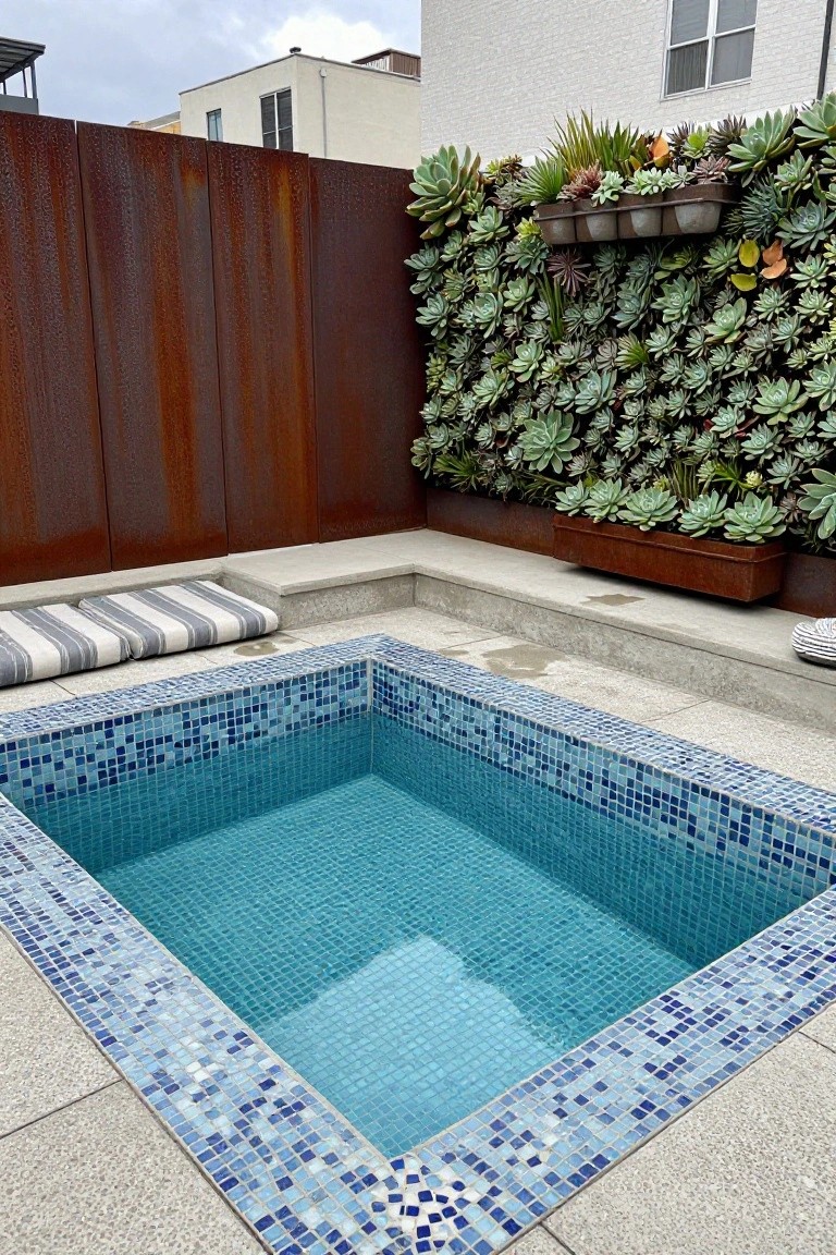 Small square inground pool with blue mosaic tiles flush into gray concrete paving, surrounded by rusted metal walls with a vertical succulent garden and built-in bench with striped cushions.