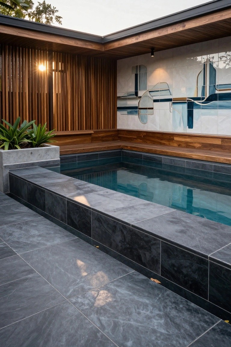 Small inground pool with turquoise water surrounded by dark grey tiles and integrated wooden bench seating, wooden slat screen wall with artistic blue and white tile mural, potted plants, and outdoor decking in a backyard setting.