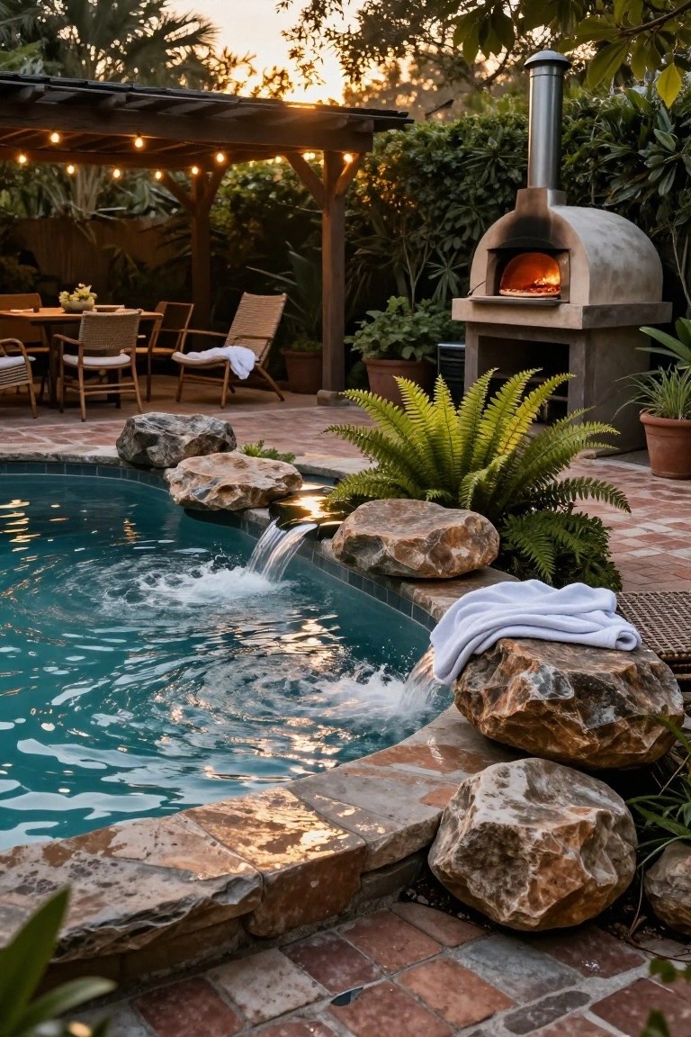 Inground turquoise pool with stacked natural rock boulders forming a waterfall edge, surrounded by stone pavers, tropical plants, lounge chairs, dining table, and wood-fired pizza oven under a pergola at sunset.