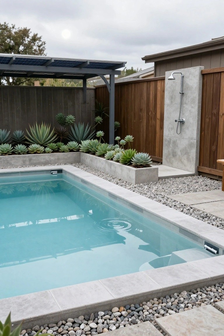 Small turquoise inground pool with white stone tile coping, bordered by gray pebbles and raised concrete planters filled with succulents, adjacent to a wooden fence and outdoor shower.