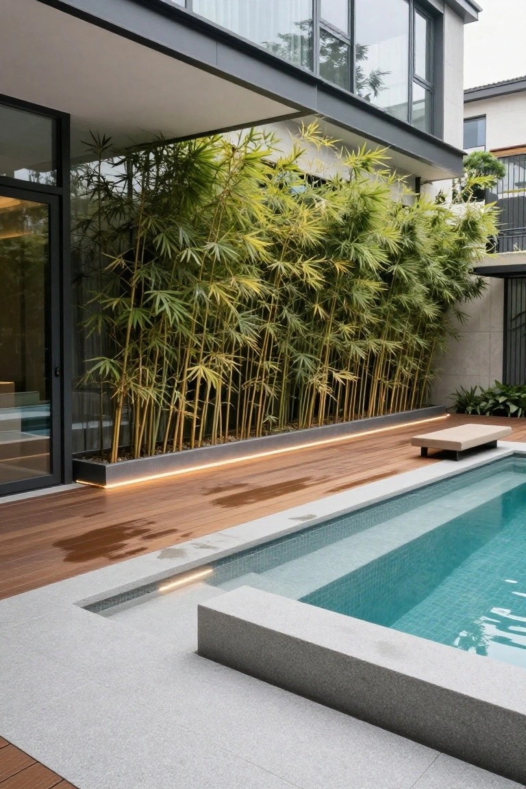 Backyard inground pool with turquoise mosaic tiles, white granite coping, adjacent wood deck with bench, linear black trough of tall green bamboo with LED strip lighting, and modern glass-walled house nearby.