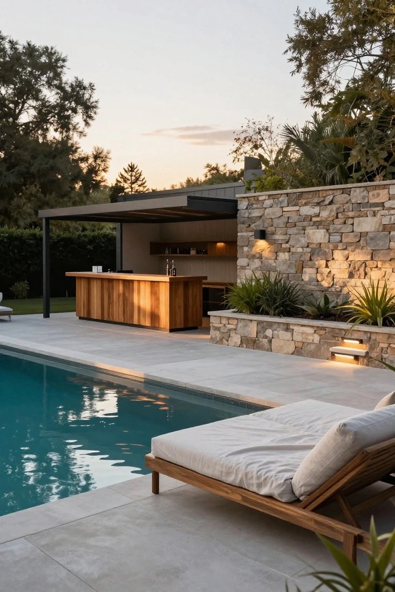 Inground pool on a tiled deck next to a wooden bar counter built into a stone retaining wall under a metal-roofed shelter, with plants, a lounge chair, and trees at dusk.