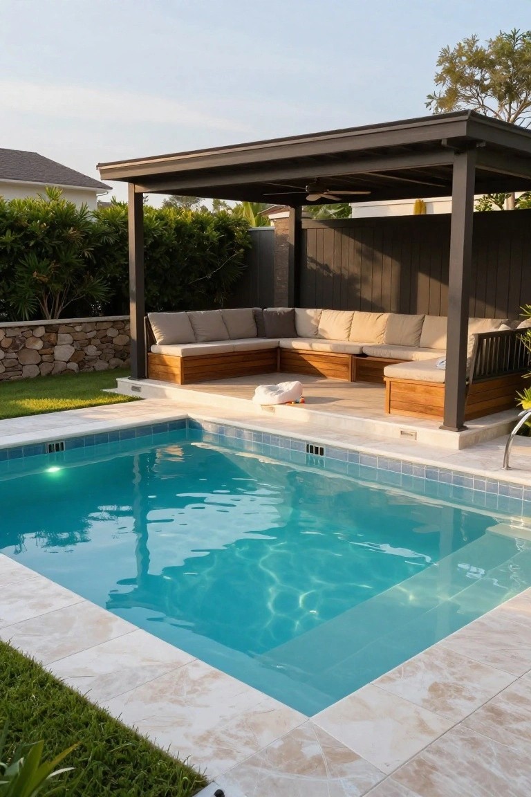 Small rectangular inground pool with blue mosaic tiles and beige travertine decking, adjacent L-shaped wooden bench seating with beige cushions under a dark metal pergola structure, surrounded by grass lawn and hedges.