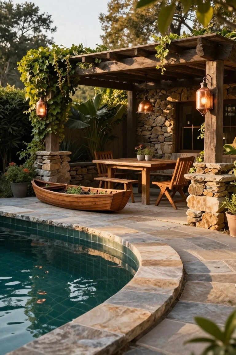 Curved green-tiled inground pool edged with flagstone, next to a vine-covered wooden pergola sheltering a dining table, chairs, benches, copper lanterns, stone walls, potted plants, and a wooden canoe planter on a patio.
