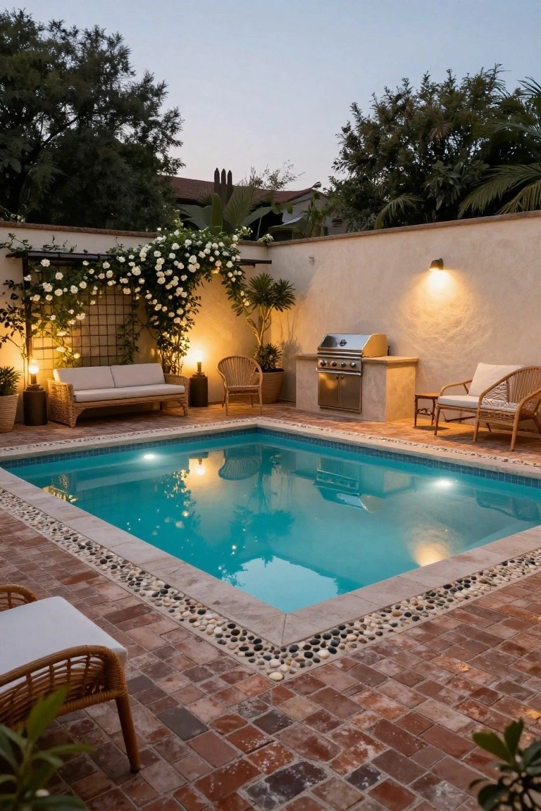 Small square inground pool with turquoise water and blue tile edges, bordered by smooth black pebbles on terracotta brick pavers, next to a built-in stainless steel barbecue, wicker seating, potted plants, and climbing roses on a trellis in a walled outdoor space at dusk.