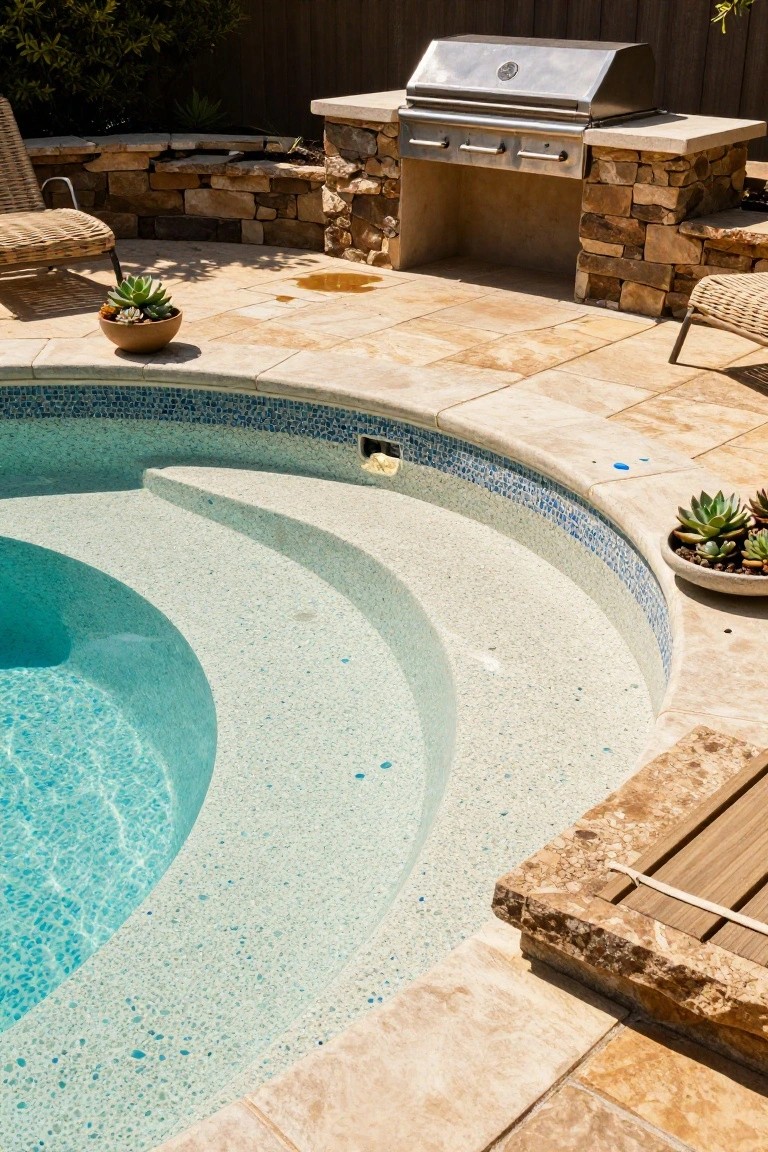 24 Smart Stock Tank Pool Paint Ideas That Transform Your Space Curved spa pool with light pebble interior and blue mosaic tile edging on steps and waterline, surrounded by travertine patio pavers, stone retaining wall with built-in gas grill, lounge chairs, and potted succulents.