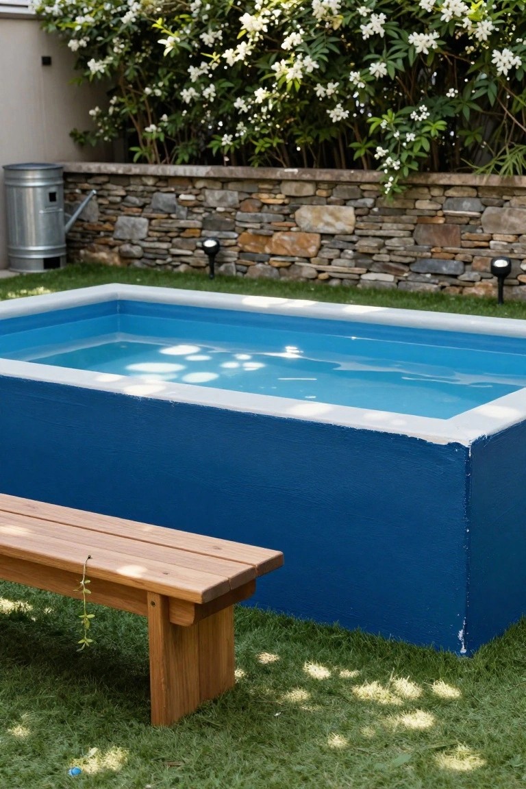 24 Smart Stock Tank Pool Paint Ideas That Transform Your Space Blue painted rectangular stock tank pool with white rim in a grassy backyard, next to a wooden bench, stone wall, greenery, and landscape lights.
