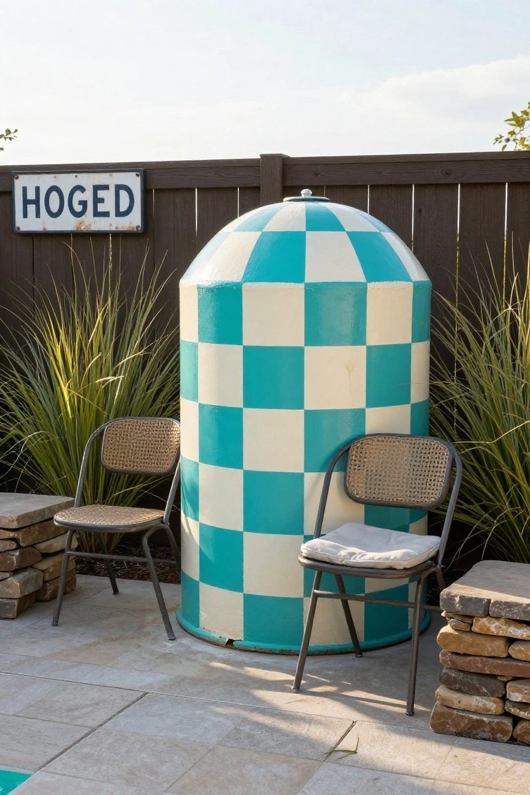 24 Smart Stock Tank Pool Paint Ideas That Transform Your Space Cyan and white checkered cylindrical stock tank beside a wooden fence with HOGED sign, flanked by pampas grass, rattan chairs with cushions, and stone walls on a concrete patio near a pool edge.