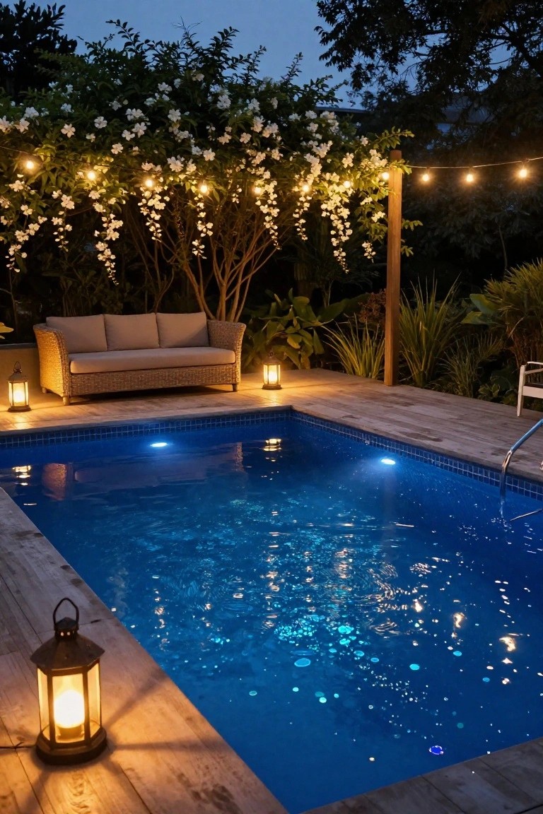 24 Smart Stock Tank Pool Paint Ideas That Transform Your Space A rectangular blue pool with underwater lighting at dusk, surrounded by a wooden deck, beige outdoor sofa, lanterns, string lights, and flowering vines on a wooden post.