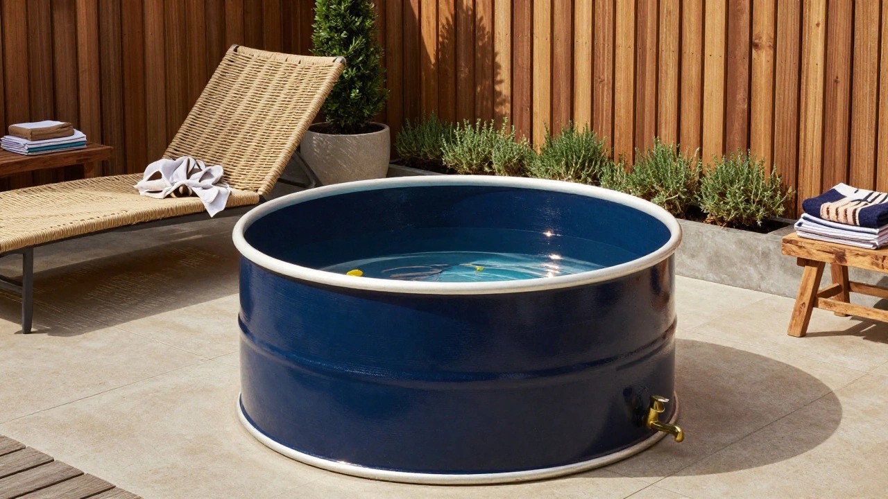Navy blue stock tank pool filled with water outdoors, featuring a white interior rim, brass faucet, metal ladder, folded white towels with blue prints on a wooden bench, rattan chairs, potted plants, and wooden fence in the background.
