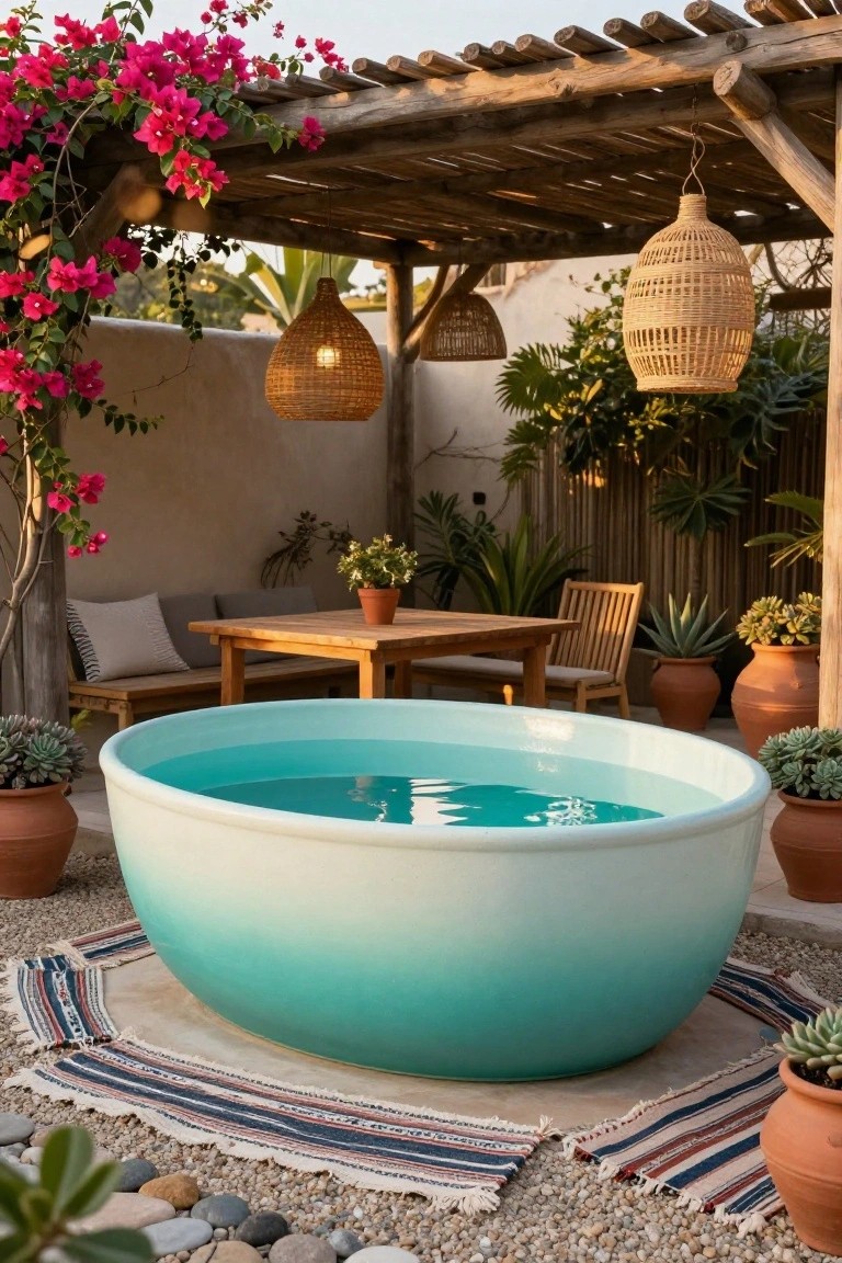 24 Smart Stock Tank Pool Paint Ideas That Transform Your Space Round stock tank pool painted in a gradient from turquoise to white, centered in a gravel outdoor patio with potted succulents, wooden dining table and chairs, hanging woven lanterns, and pink bougainvillea vines on a pergola.