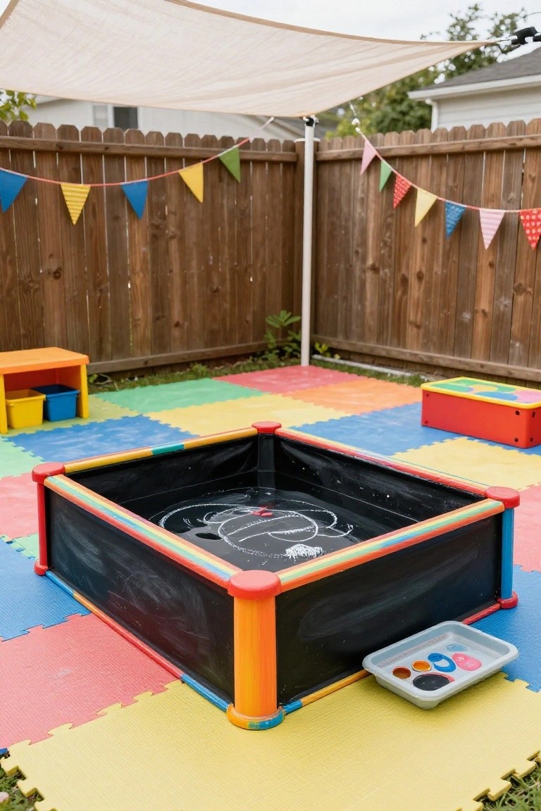 24 Smart Stock Tank Pool Paint Ideas That Transform Your Space Square water table with black liner and chalk drawings inside, colorful frame with rainbow stripe, on multicolored foam mats in a fenced backyard under a beige canopy with bunting flags.
