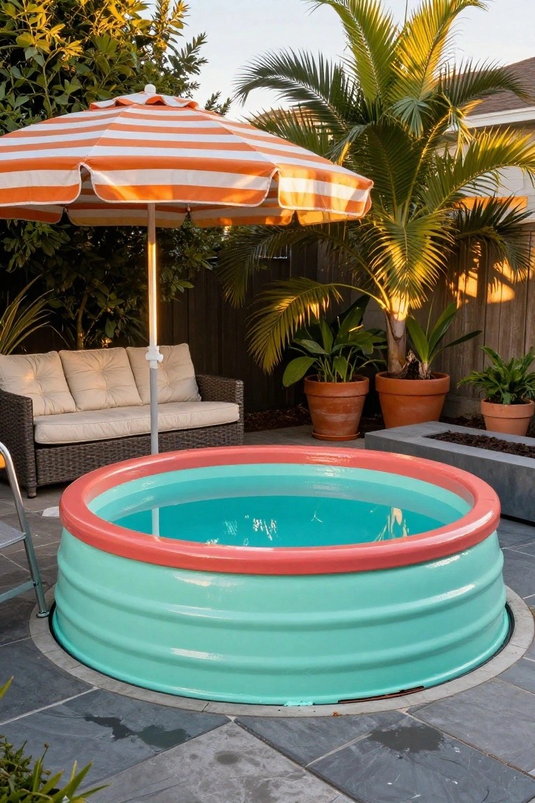 24 Smart Stock Tank Pool Paint Ideas That Transform Your Space Mint green stock tank pool with red rim embedded in gray concrete deck on slate patio, next to beige outdoor sofa, striped umbrella, potted plants, palms, and wood fence in backyard.