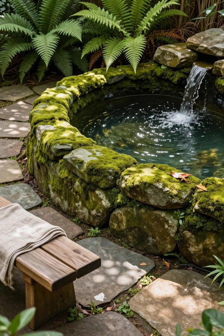 24 Smart Stock Tank Pool Paint Ideas That Transform Your Space Circular stone-lined pool with moss-covered rocks, a small waterfall flowing into turquoise water, surrounded by ferns, rocks, stone paths, and a wooden bench with a linen throw.