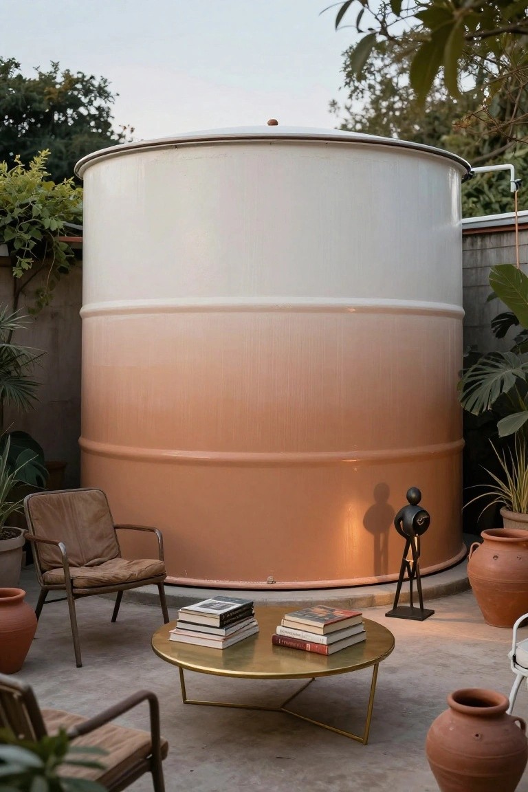 24 Smart Stock Tank Pool Paint Ideas That Transform Your Space Tall cylindrical stock tank painted in white-to-peach gradient in an outdoor patio, with rattan chairs, gold round coffee table holding stacked books, potted plants, terracotta pots, and a black metal sculpture nearby.