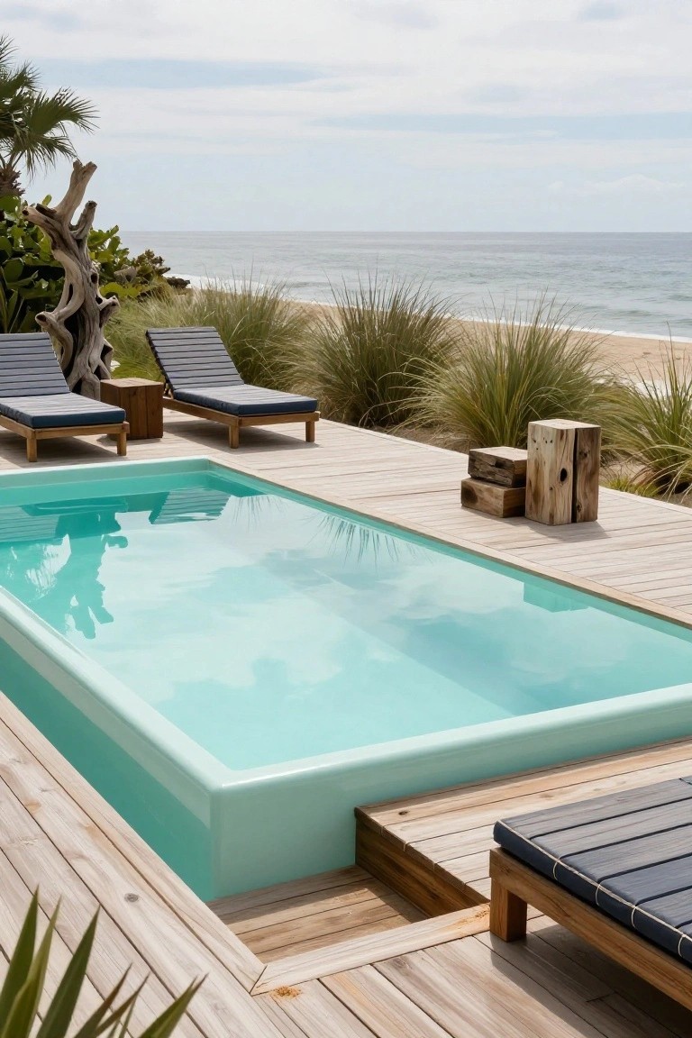 24 Smart Stock Tank Pool Paint Ideas That Transform Your Space Rectangular turquoise pool built into a wooden deck overlooking a beach, with two loungers, driftwood stools, and dune grass nearby.
