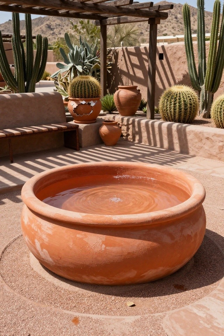 24 Smart Stock Tank Pool Paint Ideas That Transform Your Space Large terracotta basin filled with water in a desert garden patio surrounded by cacti, agave plants, terracotta pots, adobe walls, a wooden pergola, and a bench.