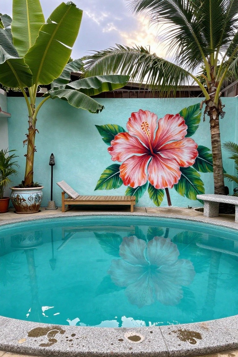 24 Smart Stock Tank Pool Paint Ideas That Transform Your Space Round turquoise pool edged in stone, with a large pink hibiscus flower mural painted on a teal wall, flanked by palm trees, banana plants, a wooden lounge chair, potted plants, and a tiki torch.