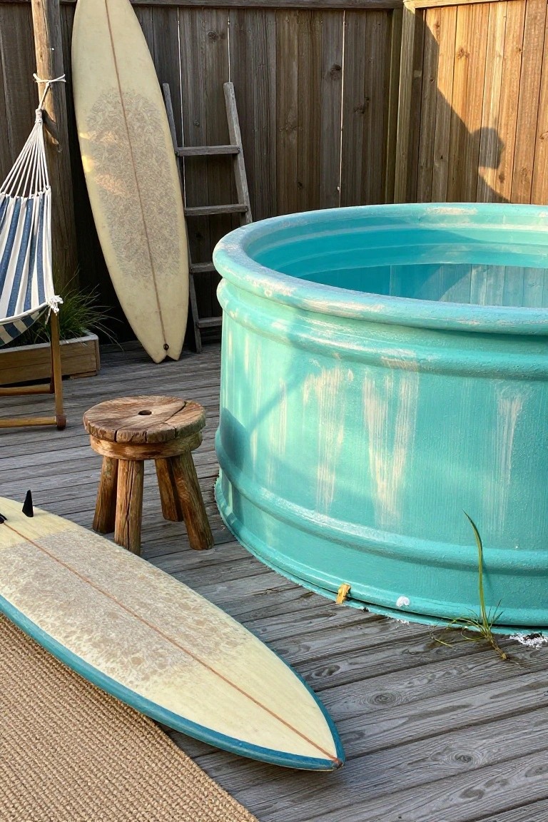 24 Smart Stock Tank Pool Paint Ideas That Transform Your Space Turquoise stock tank pool on a wooden deck next to leaning surfboards, a hammock, wooden ladder, stool, plants, and a fence.