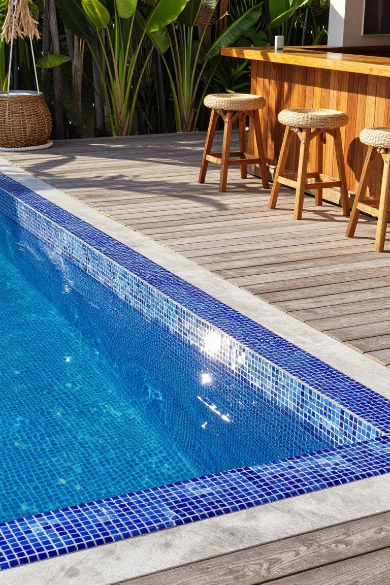 24 Smart Stock Tank Pool Paint Ideas That Transform Your Space Blue mosaic-tiled pool edge next to a wooden deck with a bar counter, rattan stools, and tropical plants in the background.