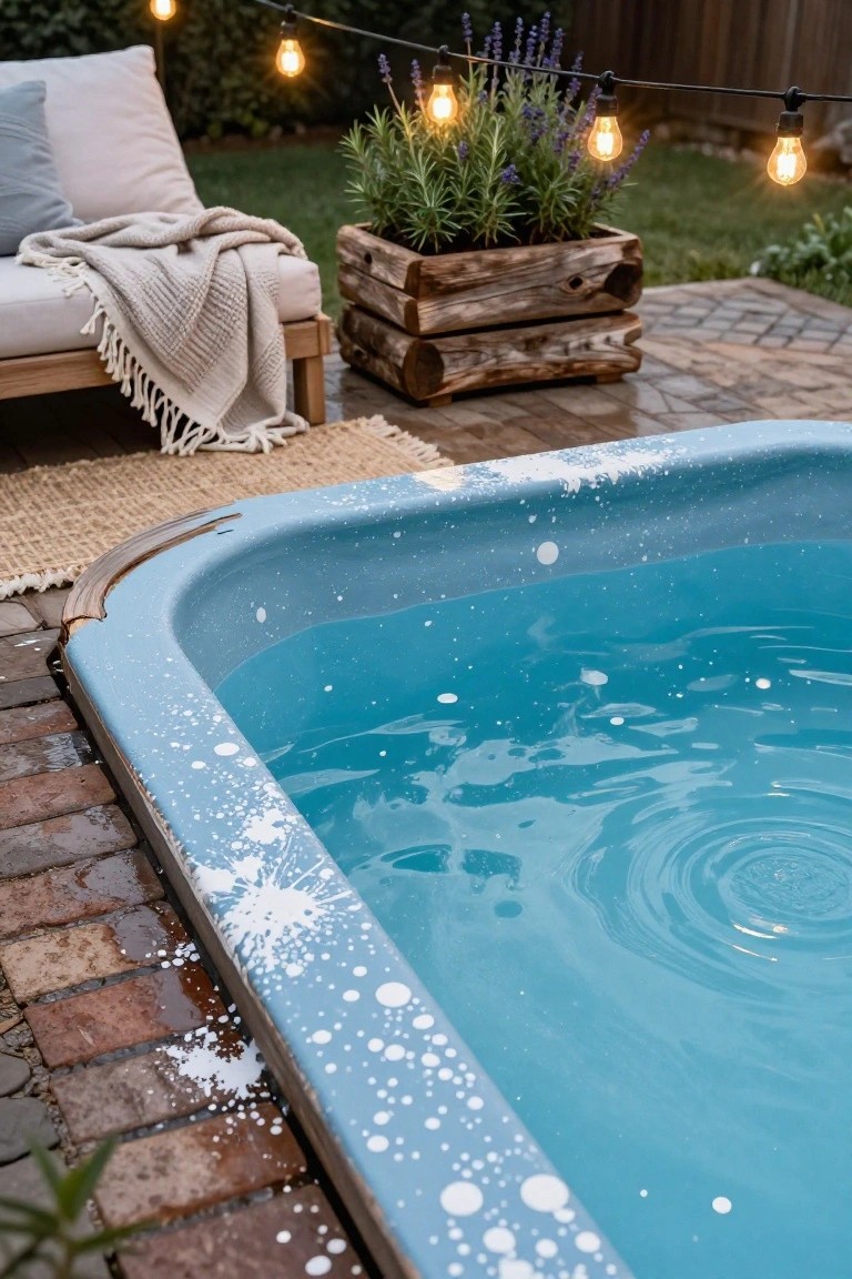 24 Smart Stock Tank Pool Paint Ideas That Transform Your Space A blue stock tank pool with white paint splatters on the upper edges, set on a brick patio next to potted rosemary and lavender, string lights overhead, and a nearby outdoor chair with cushions and a gray throw blanket.
