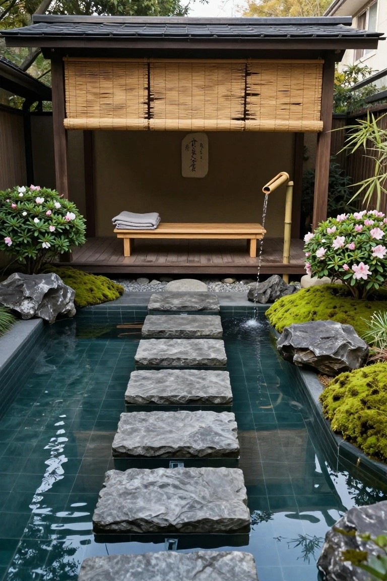 24 Smooth Retractable Pool Shade Ideas That Adjust Effortlessly Japanese garden courtyard with a narrow turquoise-tiled pool crossed by large flat stepping stones, surrounded by moss-covered rocks, azalea bushes, and a wooden pavilion featuring bamboo screens, a bench, and a bamboo fountain.