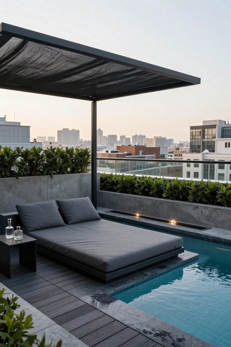 24 Smooth Retractable Pool Shade Ideas That Adjust Effortlessly Rooftop terrace with a small turquoise-tiled pool, gray outdoor daybed on a concrete platform, black metal pergola overhead with mesh shade fabric, concrete planters with green plants along glass railings, and city buildings in the background at dusk.