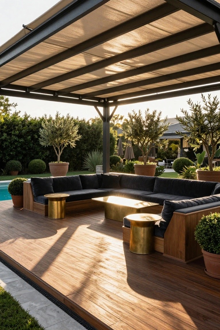 24 Smooth Retractable Pool Shade Ideas That Adjust Effortlessly Poolside wooden deck with L-shaped black sofa seating and gold tables under a beige fabric-covered black metal pergola structure, potted plants and olive trees nearby.