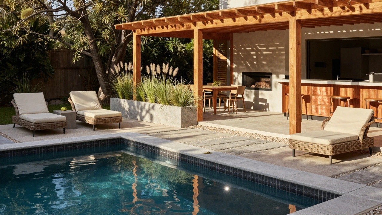Wooden pergola with slatted roof over rattan loungers and bar stools next to an in-ground pool, with pampas grass planter, outdoor kitchen nearby, and tropical landscaping.