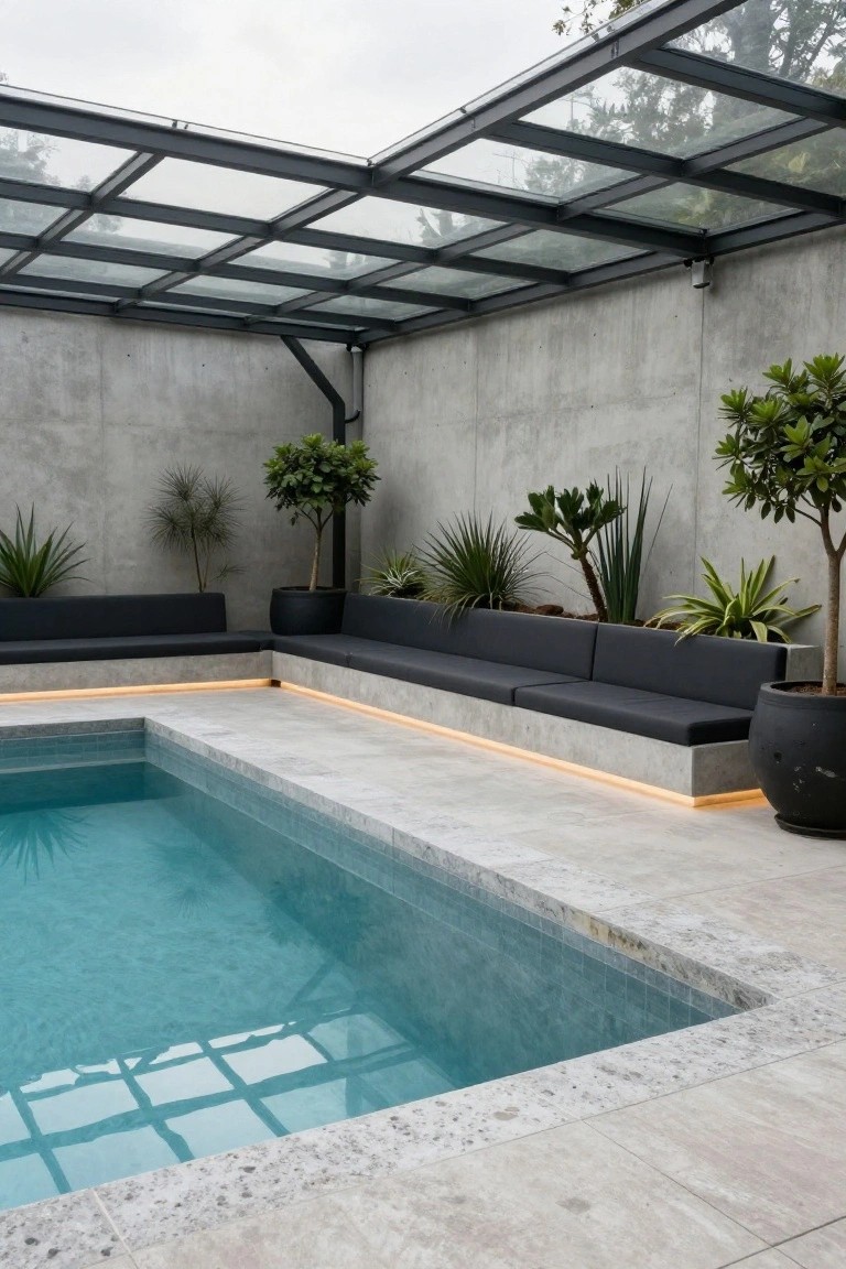 24 Smooth Retractable Pool Shade Ideas That Adjust Effortlessly Small turquoise pool with light gray tiled edges next to L-shaped black cushioned bench on concrete platform under glass-paneled metal roof structure, surrounded by potted tropical plants against concrete walls.
