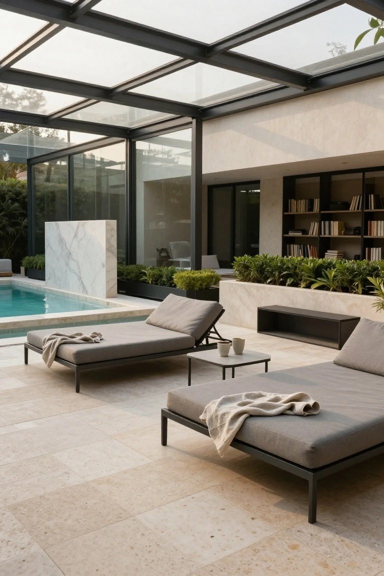 24 Smooth Retractable Pool Shade Ideas That Adjust Effortlessly Outdoor pool area with two gray loungers draped in white throws under a black metal-framed glass roof, marble partition, potted plants, and glass walls beside beige house exterior.