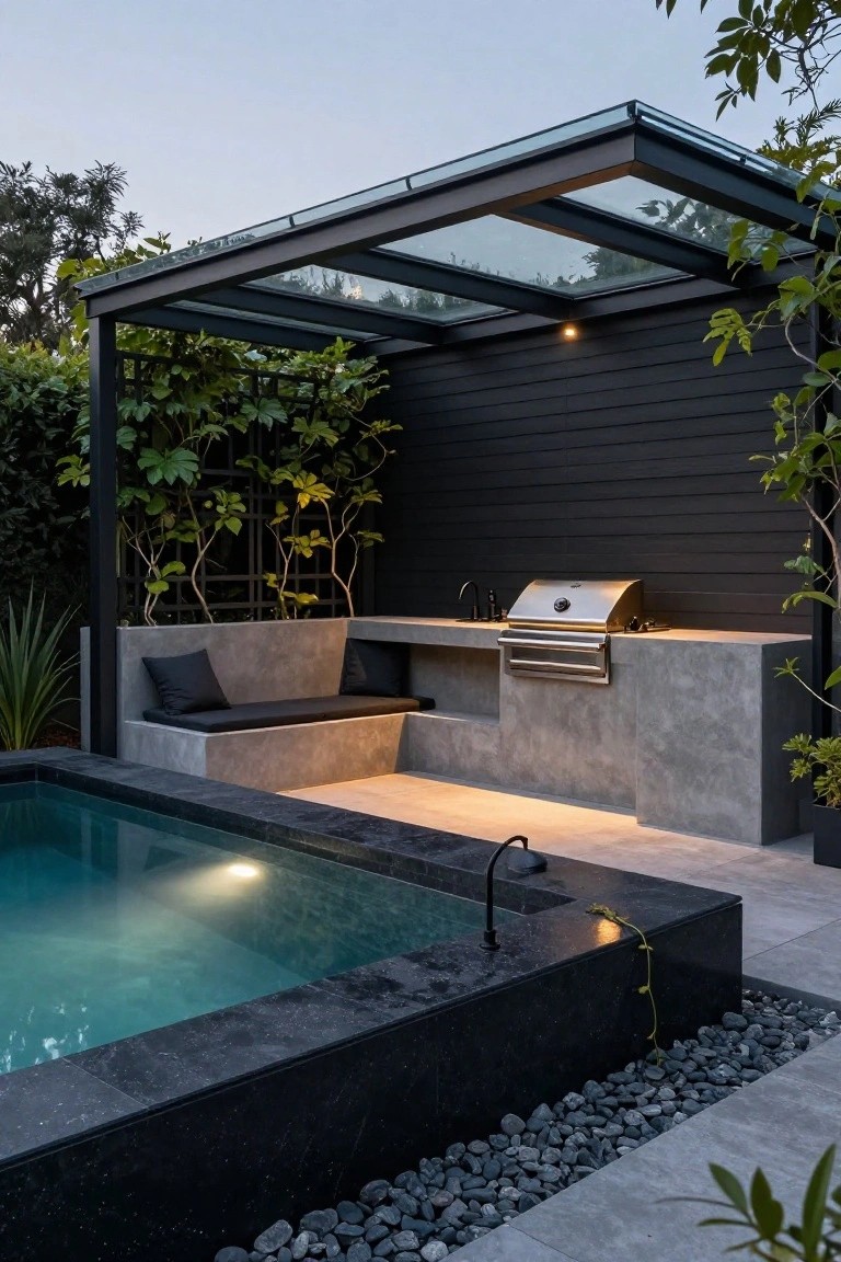 24 Smooth Retractable Pool Shade Ideas That Adjust Effortlessly Modern outdoor BBQ area with stainless steel grill and concrete bench seating under a black-framed glass pergola, adjacent to a rectangular pool with black stone edging, surrounded by greenery and pebble ground cover.