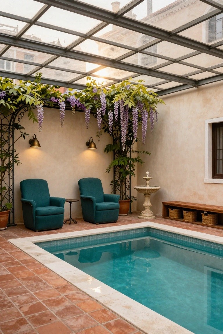 24 Smooth Retractable Pool Shade Ideas That Adjust Effortlessly Small turquoise-tiled pool in enclosed courtyard under metal-framed glass roof, with two teal armchairs on terracotta tiles, wisteria vines on arched trellis, potted plants, stone fountain, and wooden bench.
