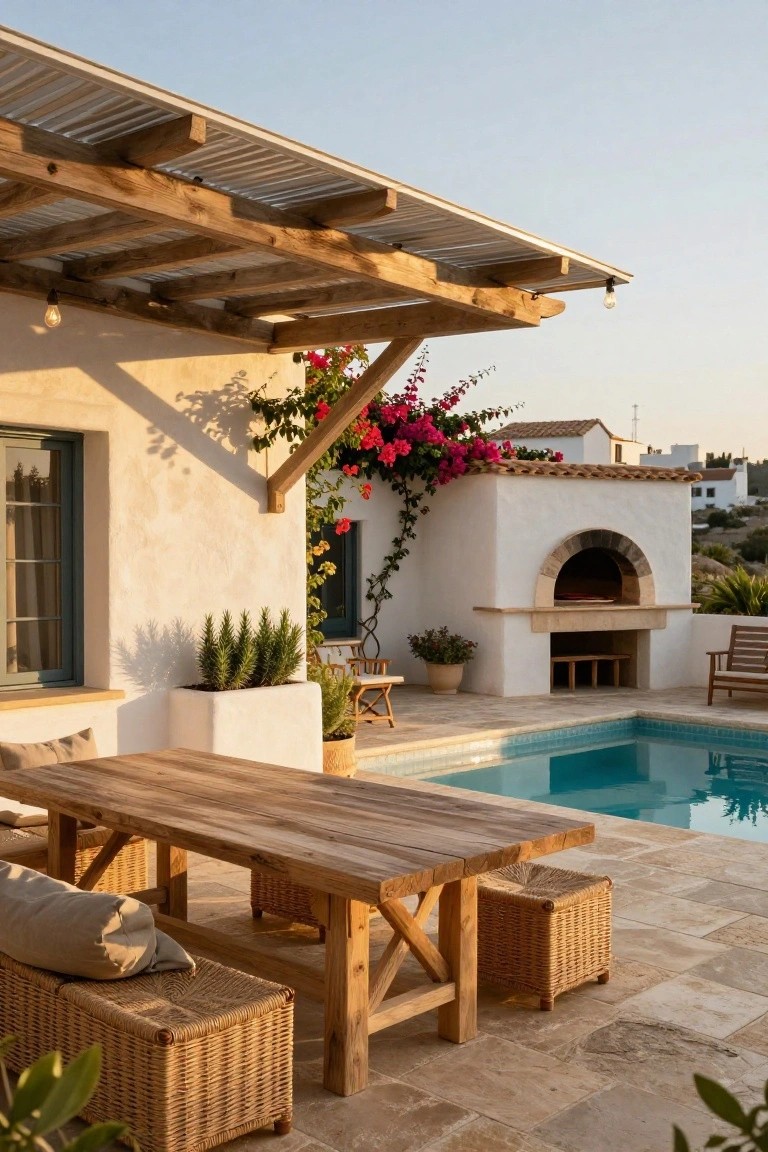 24 Smooth Retractable Pool Shade Ideas That Adjust Effortlessly Wooden pergola with corrugated metal roof shading a dining table and chairs on tiled patio next to turquoise pool, white stucco wood-fired oven, potted plants, bougainvillea vines on exterior wall, and distant white buildings at sunset.