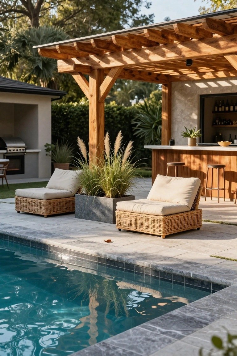 24 Smooth Retractable Pool Shade Ideas That Adjust Effortlessly Wooden pergola with slatted roof over rattan loungers and bar stools next to an in-ground pool, with pampas grass planter, outdoor kitchen nearby, and tropical landscaping.