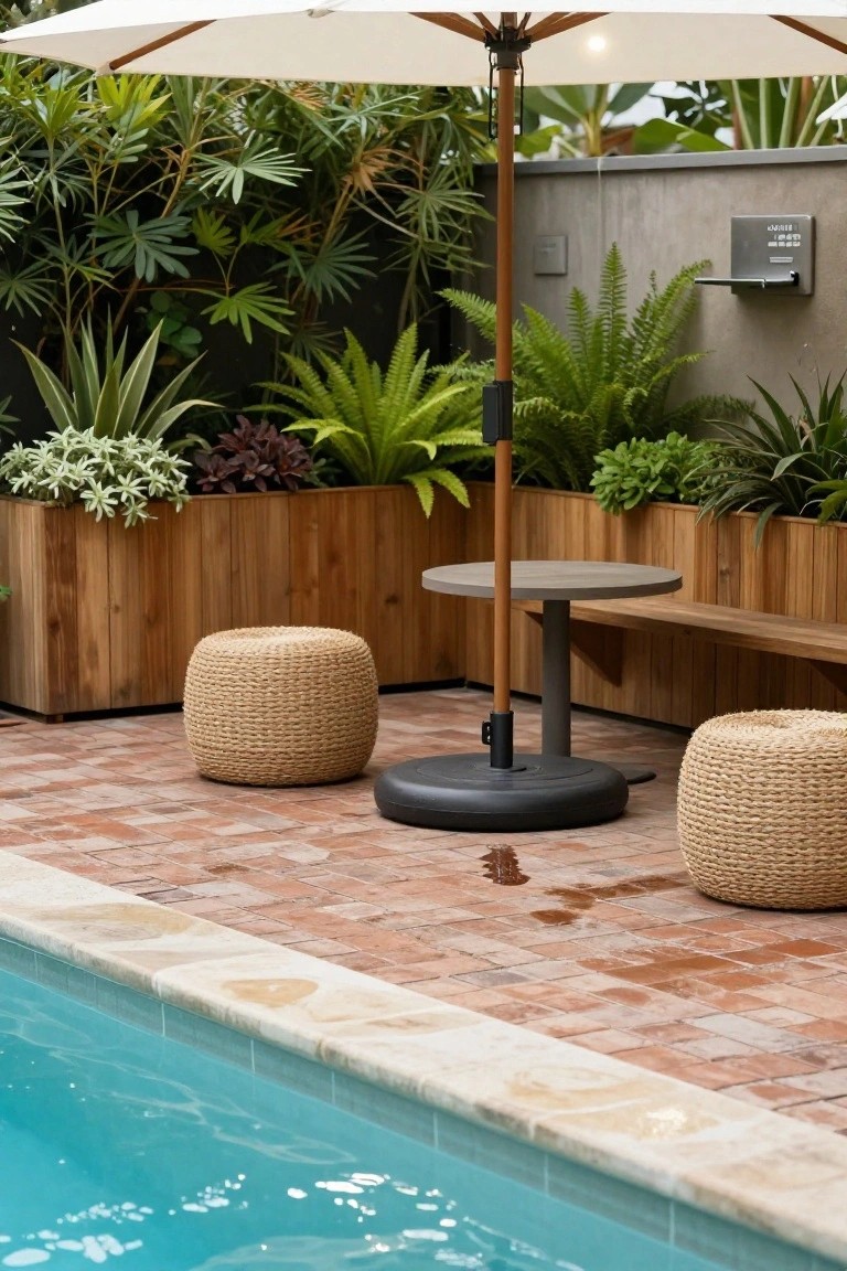 24 Smooth Retractable Pool Shade Ideas That Adjust Effortlessly Large white cantilever umbrella shading a gray round table with two rattan poufs nearby, a wooden bench, surrounded by tropical plants beside a blue swimming pool on brick paving.