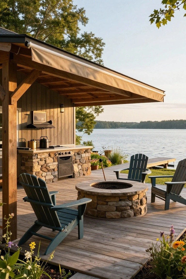 24 Smooth Retractable Pool Shade Ideas That Adjust Effortlessly Wooden deck featuring a stone outdoor kitchen under a beige retractable awning, with Adirondack chairs around a stone fire pit, overlooking a lake and dock.