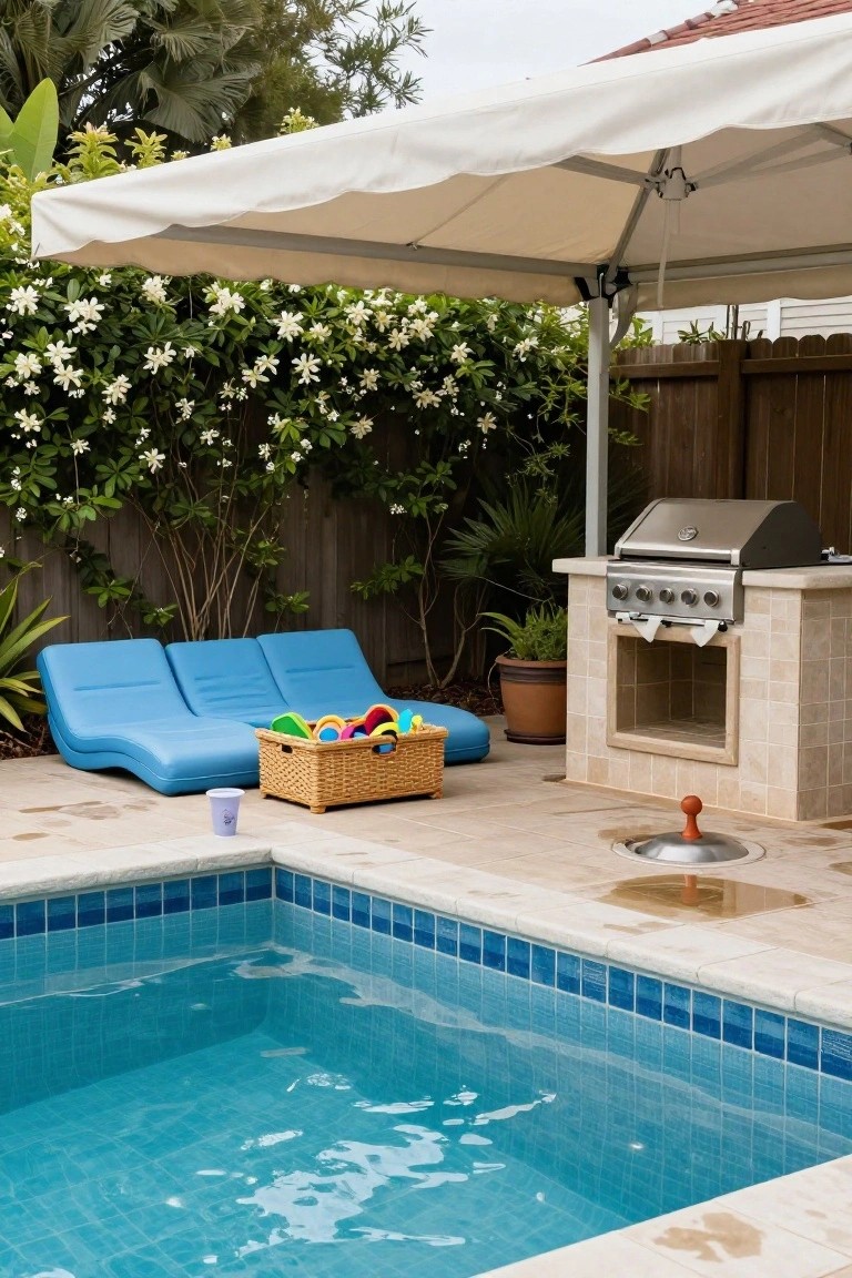 24 Smooth Retractable Pool Shade Ideas That Adjust Effortlessly Backyard pool area with blue chaise lounges, wicker basket of colorful pool toys, built-in stainless steel grill on tiled base, potted plants, wooden fence with flowering vines, palm trees, and large white cantilever retractable awning providing shade over the patio and pool edge.