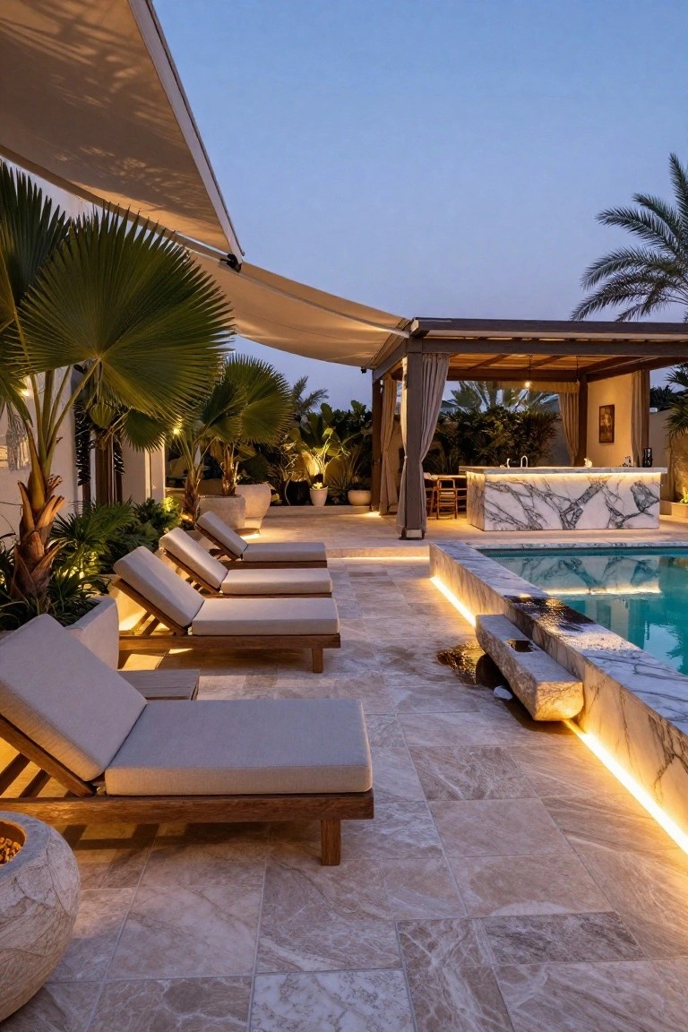 24 Smooth Retractable Pool Shade Ideas That Adjust Effortlessly Rooftop pool area at dusk with beige retractable fabric canopy over wooden loungers, marble bar counter, potted palms, lit pool edge, and travertine tile deck.