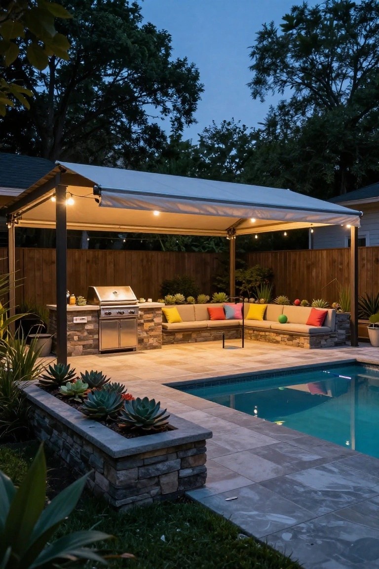 24 Smooth Retractable Pool Shade Ideas That Adjust Effortlessly Backyard poolside pergola with open white retractable awning over stone-countered grill and L-shaped cushioned bench seating, string lights overhead, plants in stone planters, and paver patio.