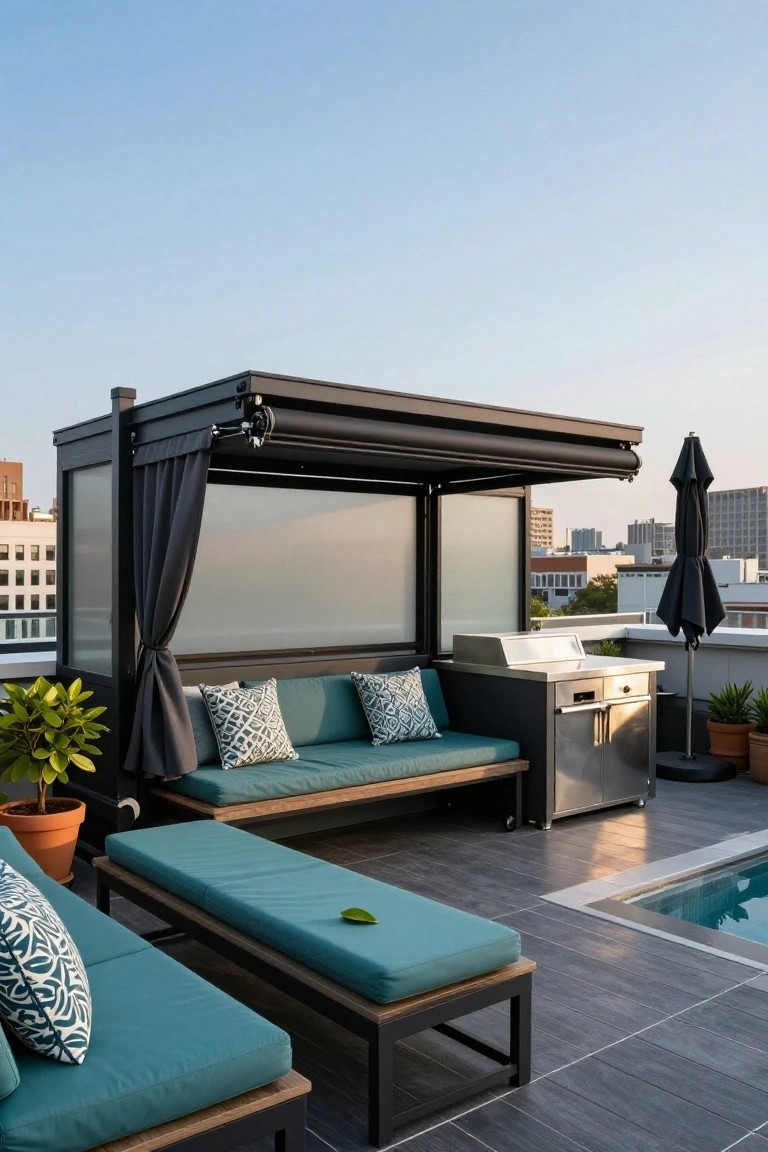24 Smooth Retractable Pool Shade Ideas That Adjust Effortlessly Rooftop terrace with black metal pergola featuring frosted glass panels and gray roll-down shades, teal cushioned benches and daybed, stainless steel grill, potted plants, umbrellas, and pool edge against city skyline.